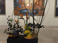 8. María Undurraga, Angélica Seeburg, Escuela Sogetsu. Arreglo libre Sogetsu, bambú, ramas de árbol humo, helecho, flores agapantos, crisantemos, proteas